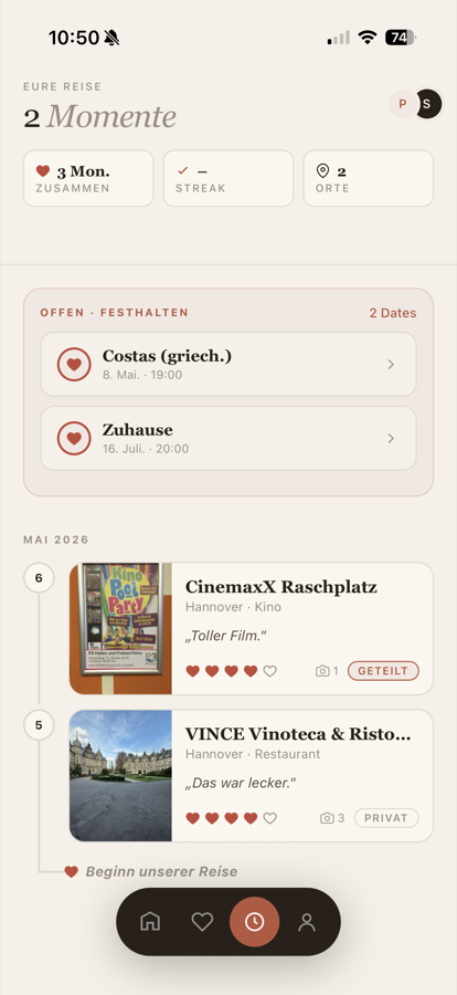 Zeitleiste mit Erinnerungen, je Eintrag als geteilt oder privat markiert