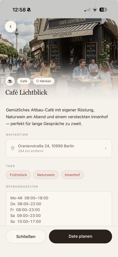 Eintrag einer Location in der App mit Titelbild und dem Knopf „Date planen“