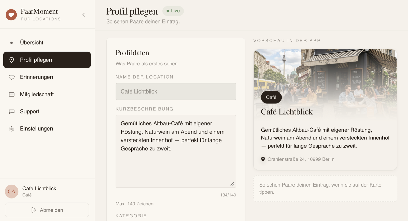Partner-Portal: Profil pflegen mit Beschreibung, Kategorie und Bildern